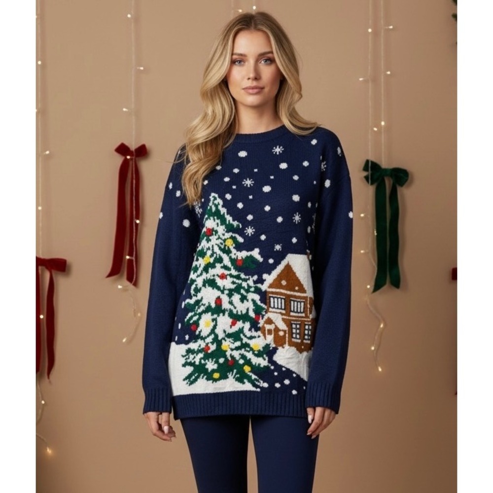 NEW‎ Christmas Winter XL Cabin Scene Knit Sweater Navy Blue Holiday Core
